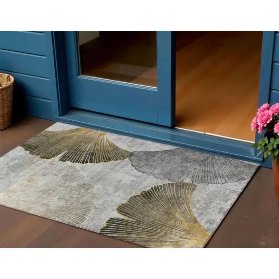 Gray Charcoal And Silver Floral Washable Indoor Outdoor Area Rug Photo 1