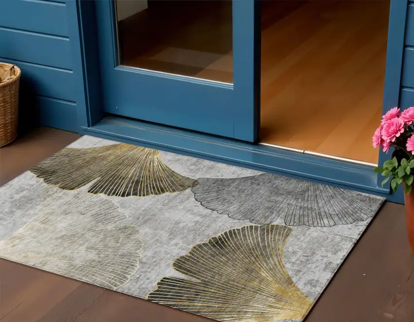 Gray Charcoal And Silver Floral Washable Indoor Outdoor Area Rug Photo 1