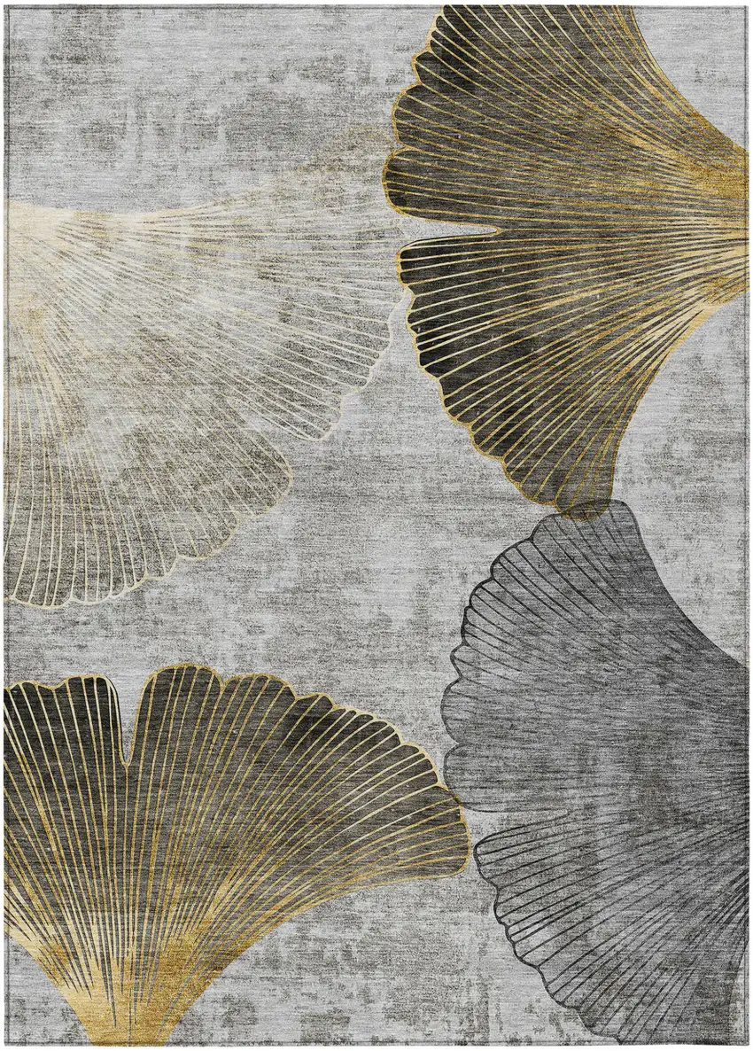 Gray Charcoal And Silver Floral Washable Indoor Outdoor Area Rug Photo 1