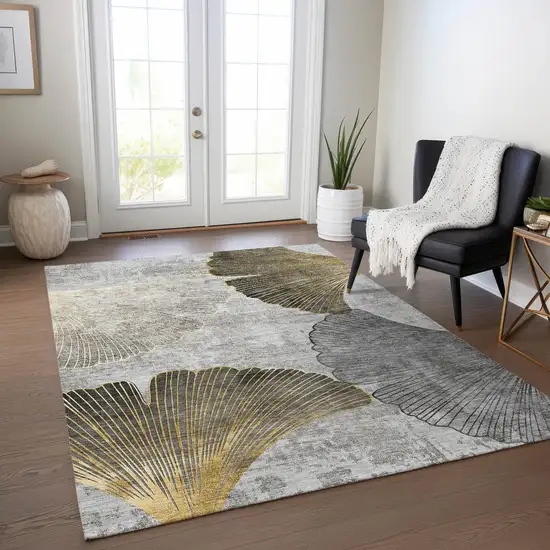 Gray Charcoal And Silver Floral Washable Indoor Outdoor Area Rug Photo 7