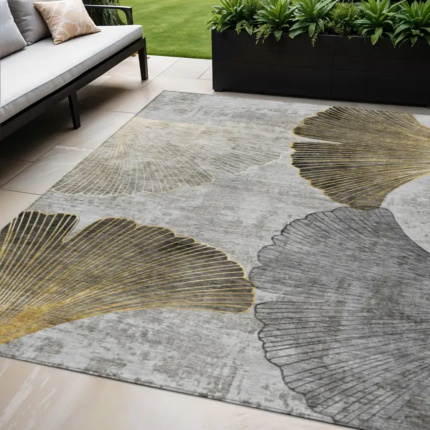 Gray Charcoal And Silver Floral Washable Indoor Outdoor Area Rug Photo 1