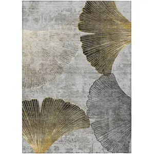 Photo of Gray Charcoal And Silver Floral Washable Indoor Outdoor Area Rug