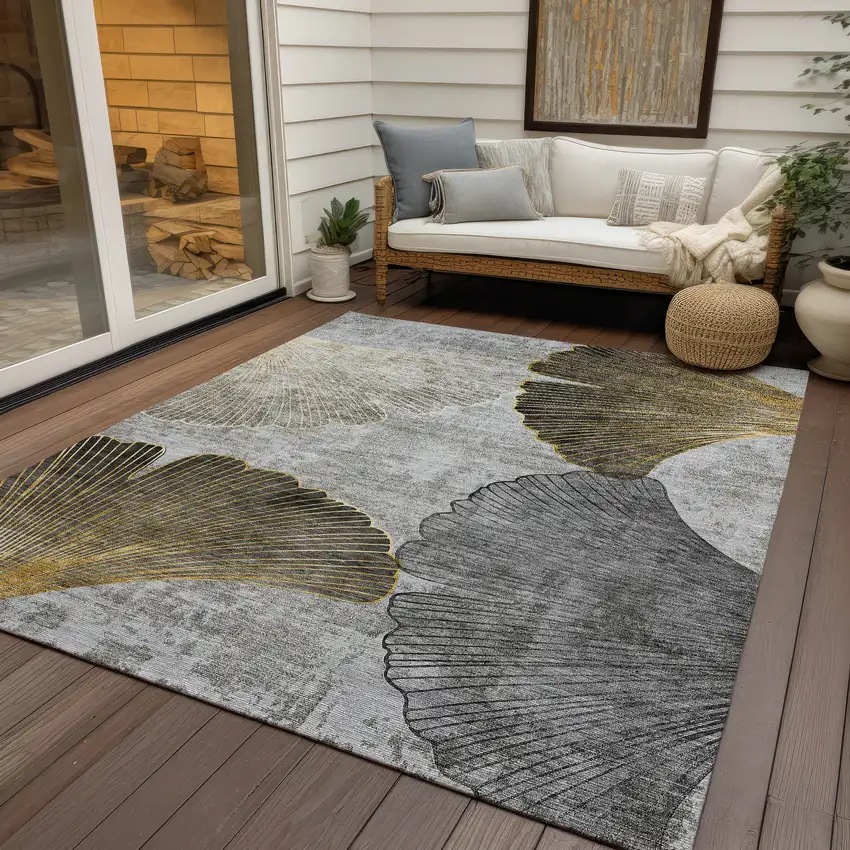 Gray Charcoal And Silver Floral Washable Indoor Outdoor Area Rug Photo 6