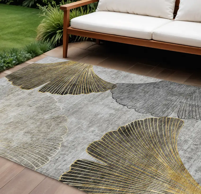 Gray Charcoal And Silver Floral Washable Indoor Outdoor Area Rug Photo 1