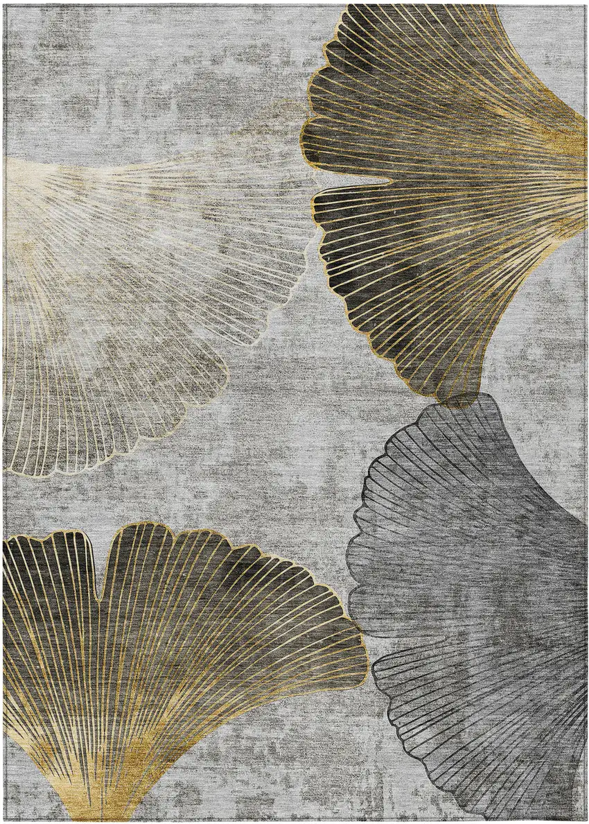 Gray Charcoal And Silver Floral Washable Indoor Outdoor Area Rug Photo 1