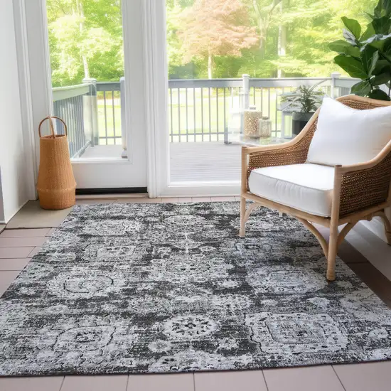 Gray Charcoal And Silver Floral Washable Indoor Outdoor Area Rug Photo 9
