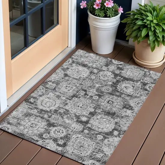Gray Charcoal And Silver Floral Washable Indoor Outdoor Area Rug Photo 1