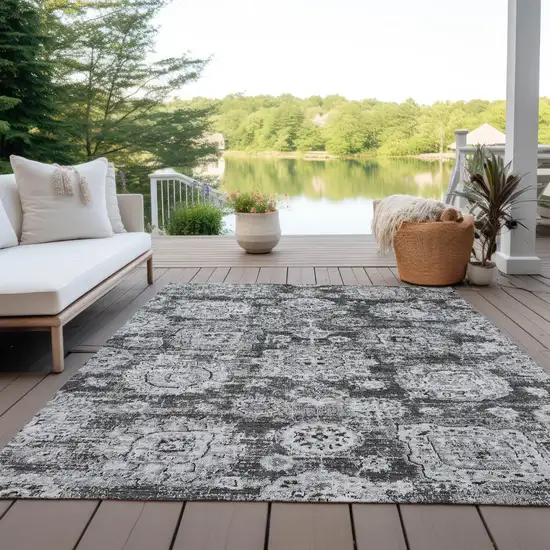 Gray Charcoal And Silver Floral Washable Indoor Outdoor Area Rug Photo 9