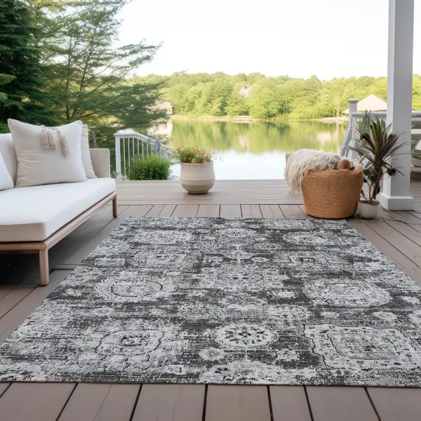 Gray Charcoal And Silver Floral Washable Indoor Outdoor Area Rug Photo 9