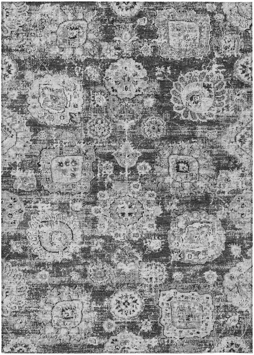 Gray Charcoal And Silver Floral Washable Indoor Outdoor Area Rug Photo 2