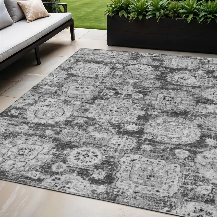 Gray Charcoal And Silver Floral Washable Indoor Outdoor Area Rug Photo 1
