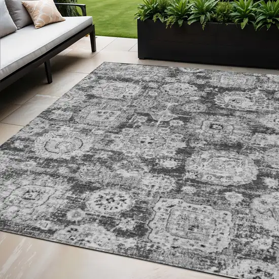Gray Charcoal And Silver Floral Washable Indoor Outdoor Area Rug Photo 1