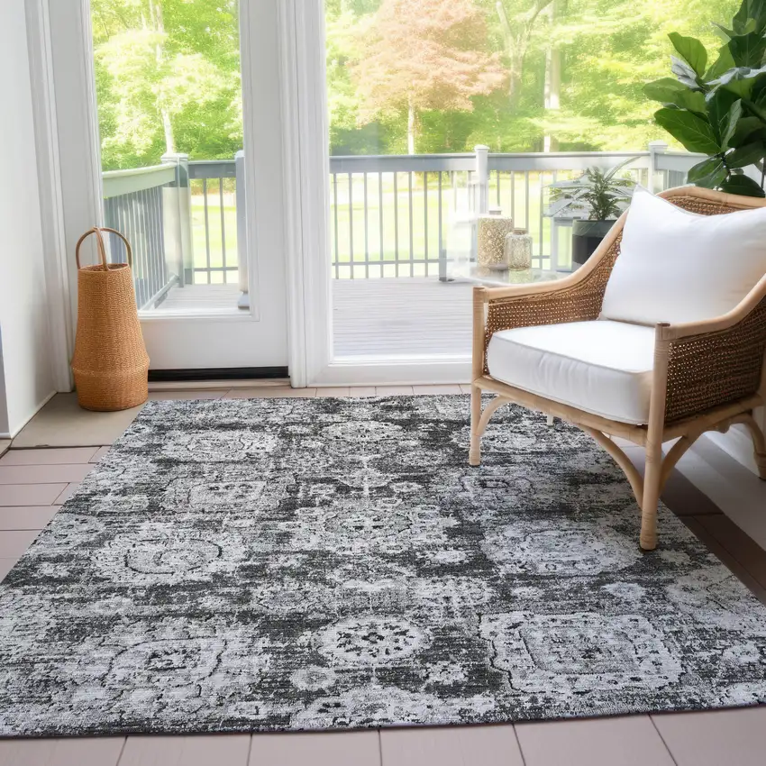 Gray Charcoal And Silver Floral Washable Indoor Outdoor Area Rug Photo 8