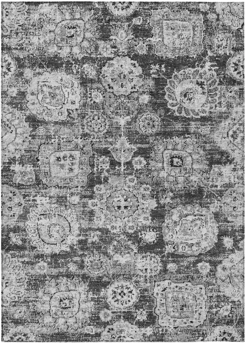Gray Charcoal And Silver Floral Washable Indoor Outdoor Area Rug Photo 1