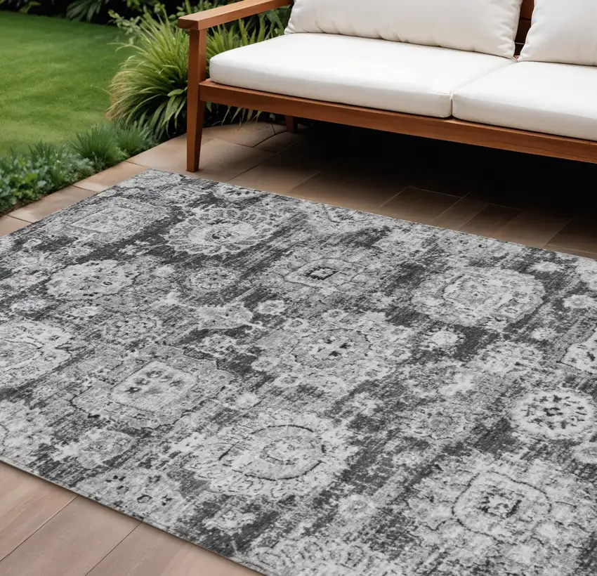 Gray Charcoal And Silver Floral Washable Indoor Outdoor Area Rug Photo 1