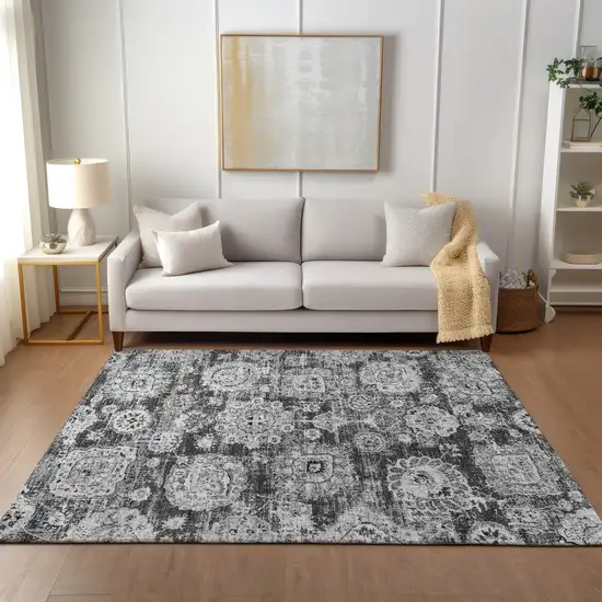 Gray Charcoal And Silver Floral Washable Indoor Outdoor Area Rug Photo 7