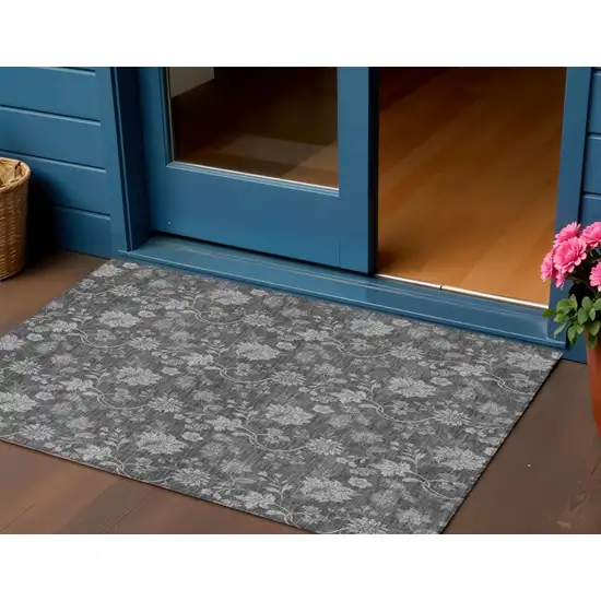 Gray Charcoal And Silver Floral Washable Indoor Outdoor Area Rug Photo 1