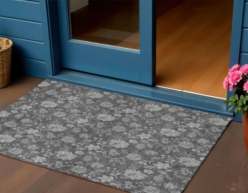 Gray Charcoal And Silver Floral Washable Indoor Outdoor Area Rug Photo 1