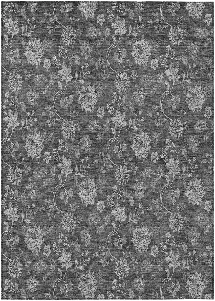 Gray Charcoal And Silver Floral Washable Indoor Outdoor Area Rug Photo 2