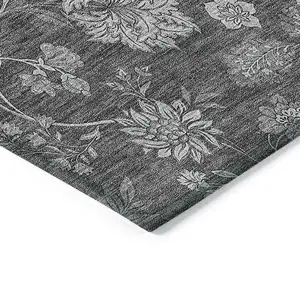 Photo of Gray Charcoal And Silver Floral Washable Indoor Outdoor Area Rug