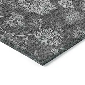 Photo of Gray Charcoal And Silver Floral Washable Indoor Outdoor Area Rug