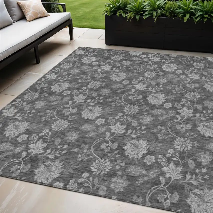 Gray Charcoal And Silver Floral Washable Indoor Outdoor Area Rug Photo 1