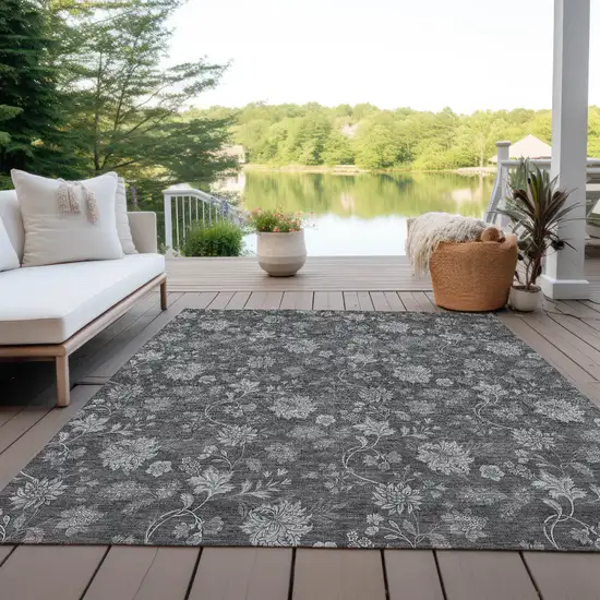 Gray Charcoal And Silver Floral Washable Indoor Outdoor Area Rug Photo 9