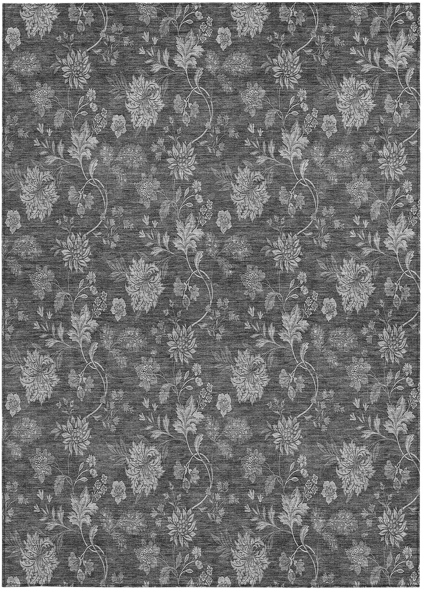 Gray Charcoal And Silver Floral Washable Indoor Outdoor Area Rug Photo 6