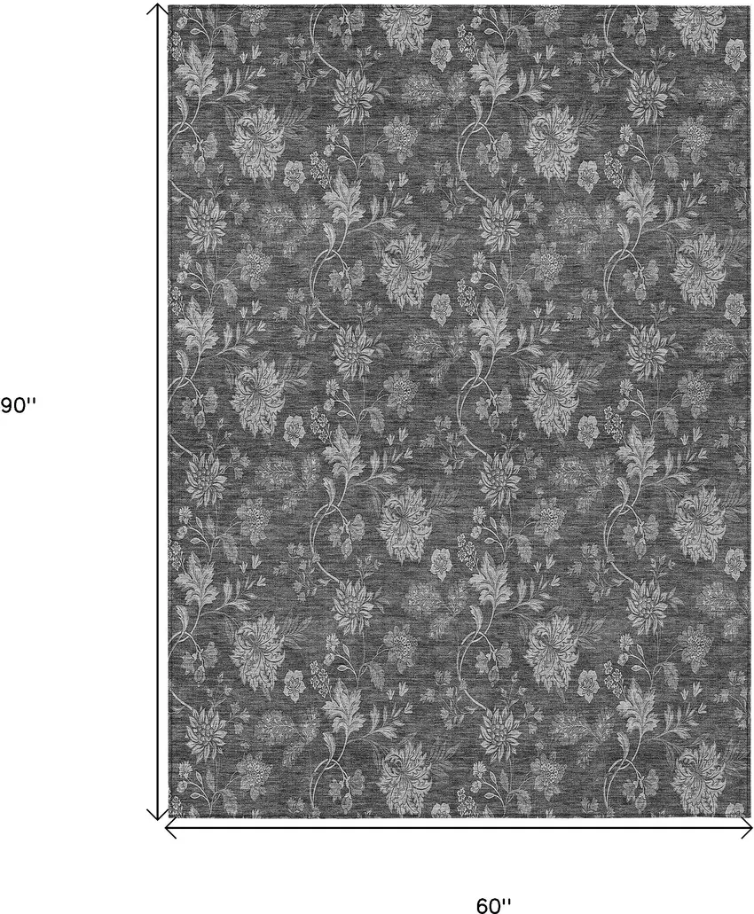 Gray Charcoal And Silver Floral Washable Indoor Outdoor Area Rug Photo 3