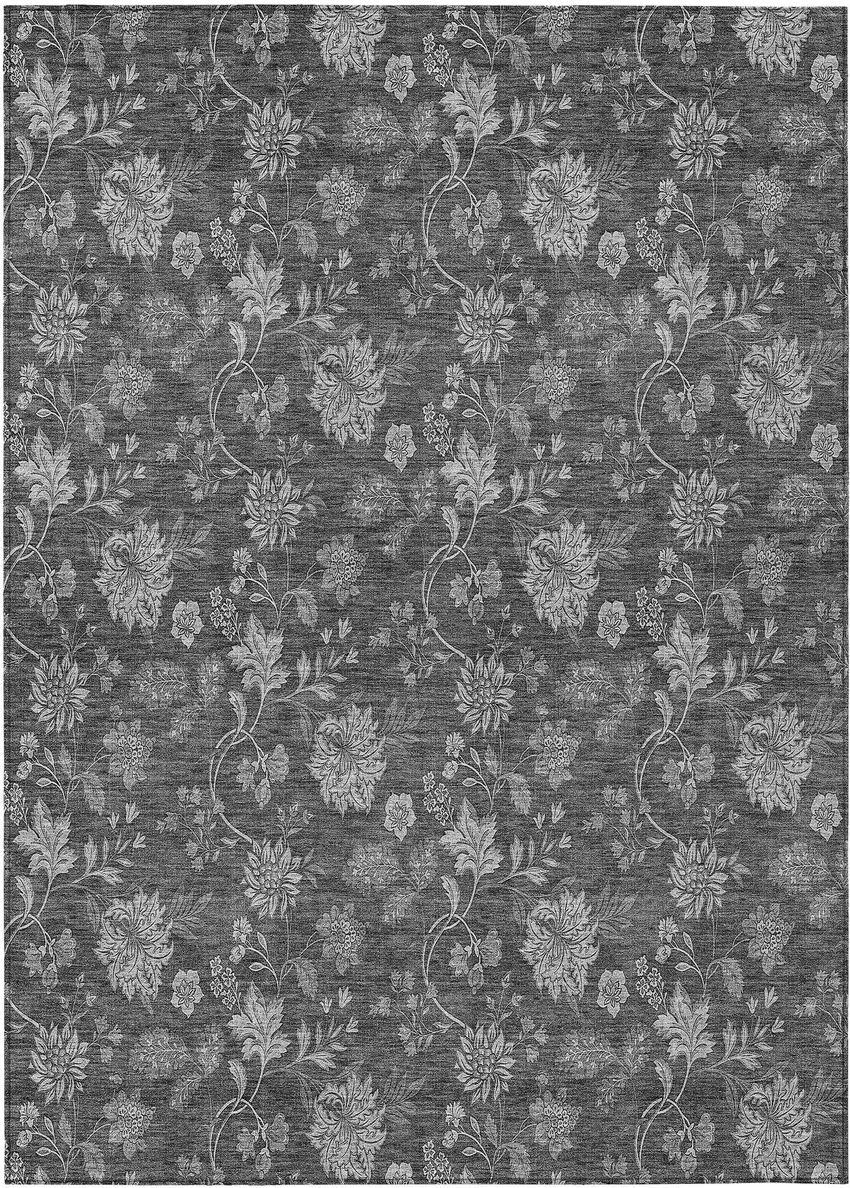 Gray Charcoal And Silver Floral Washable Indoor Outdoor Area Rug Photo 2