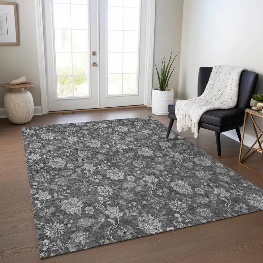 Gray Charcoal And Silver Floral Washable Indoor Outdoor Area Rug Photo 8