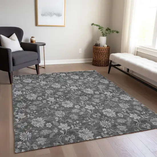 Gray Charcoal And Silver Floral Washable Indoor Outdoor Area Rug Photo 9