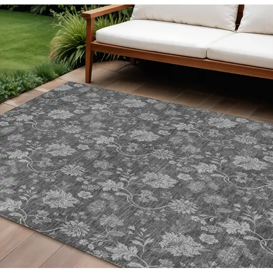 Gray Charcoal And Silver Floral Washable Indoor Outdoor Area Rug Photo 1
