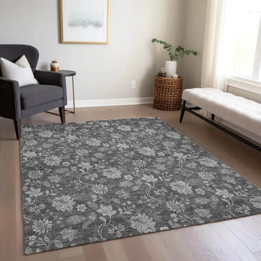 Gray Charcoal And Silver Floral Washable Indoor Outdoor Area Rug Photo 9