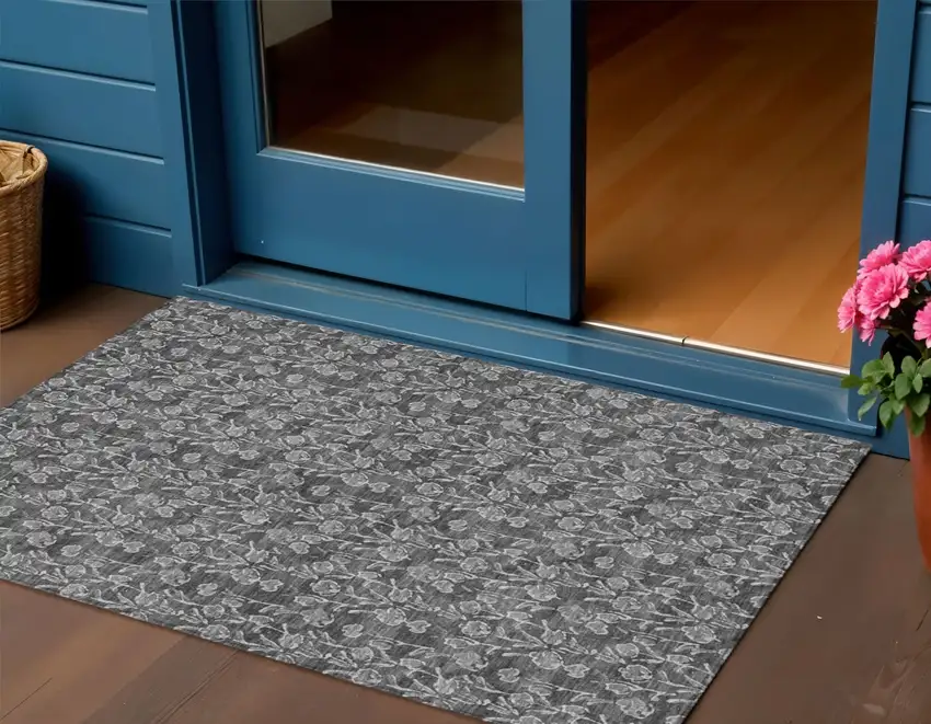 Gray Charcoal And Silver Floral Washable Indoor Outdoor Area Rug Photo 1