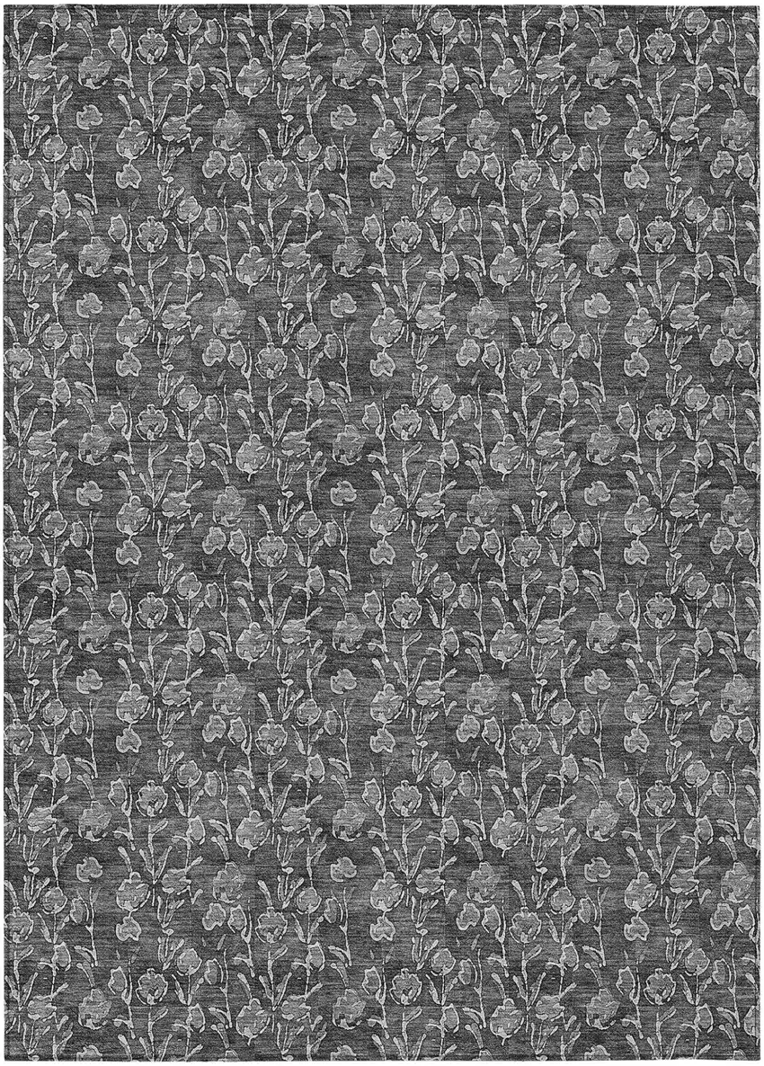 Gray Charcoal And Silver Floral Washable Indoor Outdoor Area Rug Photo 2