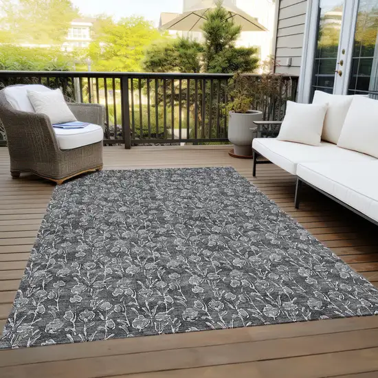Gray Charcoal And Silver Floral Washable Indoor Outdoor Area Rug Photo 9