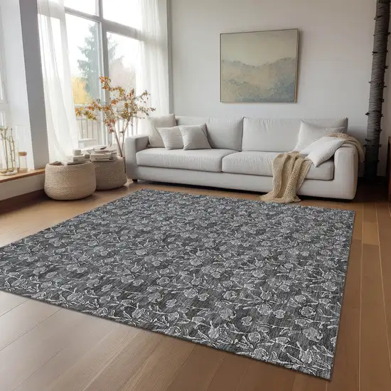 Gray Charcoal And Silver Floral Washable Indoor Outdoor Area Rug Photo 9