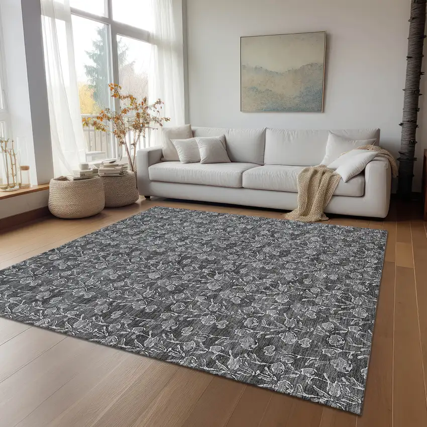 Gray Charcoal And Silver Floral Washable Indoor Outdoor Area Rug Photo 9