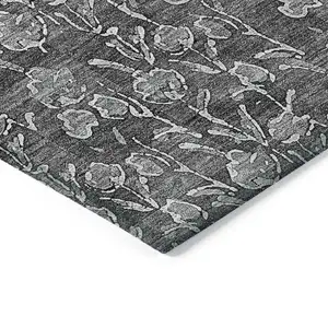 Photo of Gray Charcoal And Silver Floral Washable Indoor Outdoor Area Rug