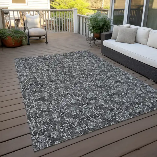 Gray Charcoal And Silver Floral Washable Indoor Outdoor Area Rug Photo 7
