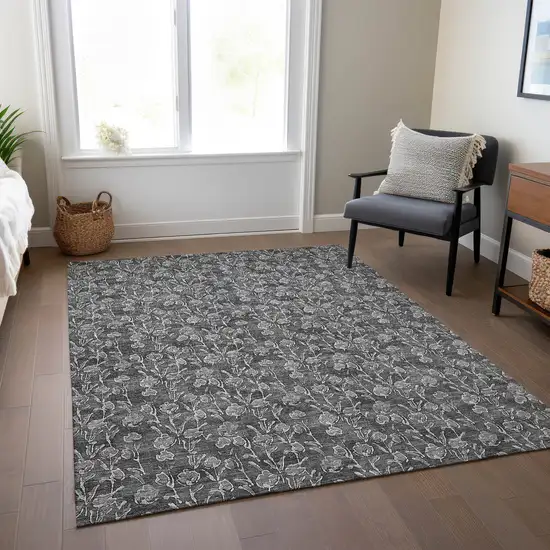 Gray Charcoal And Silver Floral Washable Indoor Outdoor Area Rug Photo 8