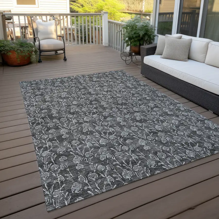 Gray Charcoal And Silver Floral Washable Indoor Outdoor Area Rug Photo 7