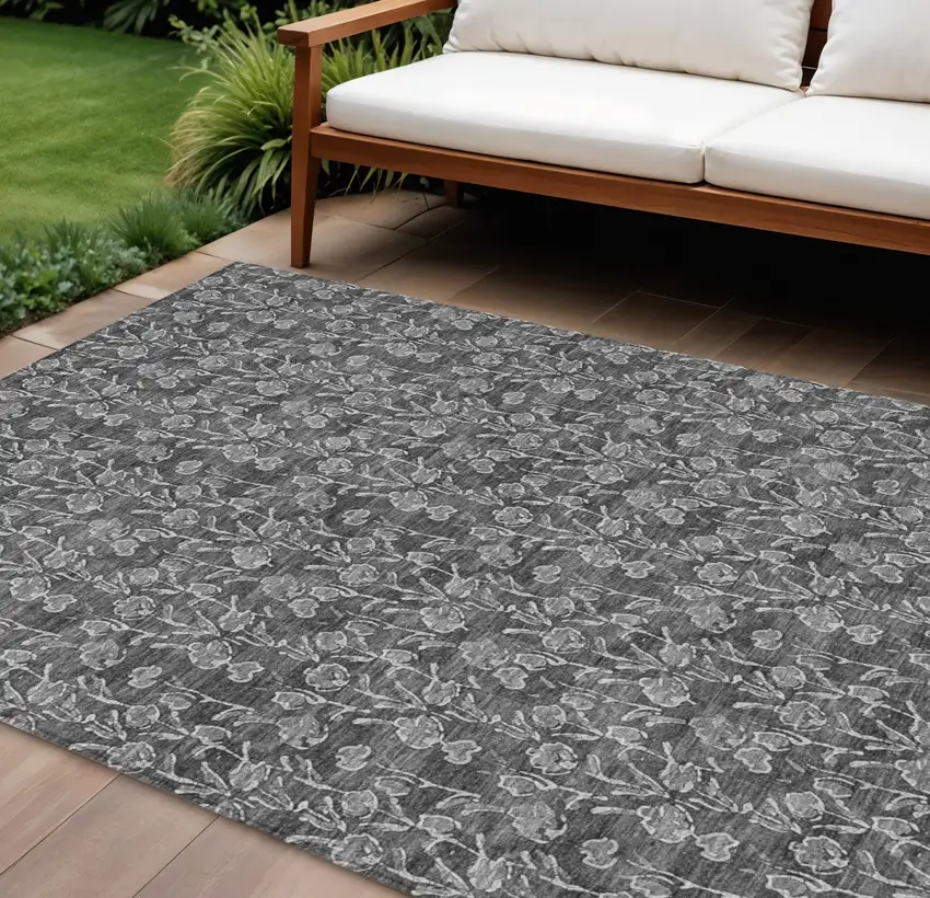 Gray Charcoal And Silver Floral Washable Indoor Outdoor Area Rug Photo 1