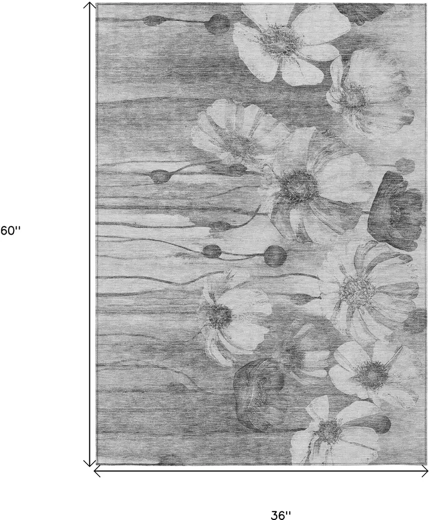 Gray Charcoal And Silver Floral Washable Indoor Outdoor Area Rug Photo 3
