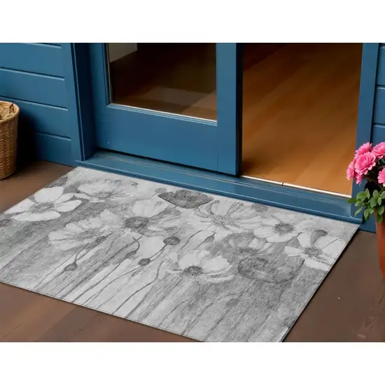 Gray Charcoal And Silver Floral Washable Indoor Outdoor Area Rug Photo 1