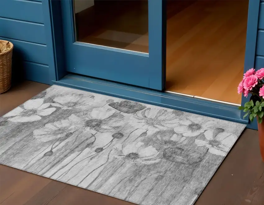 Gray Charcoal And Silver Floral Washable Indoor Outdoor Area Rug Photo 1