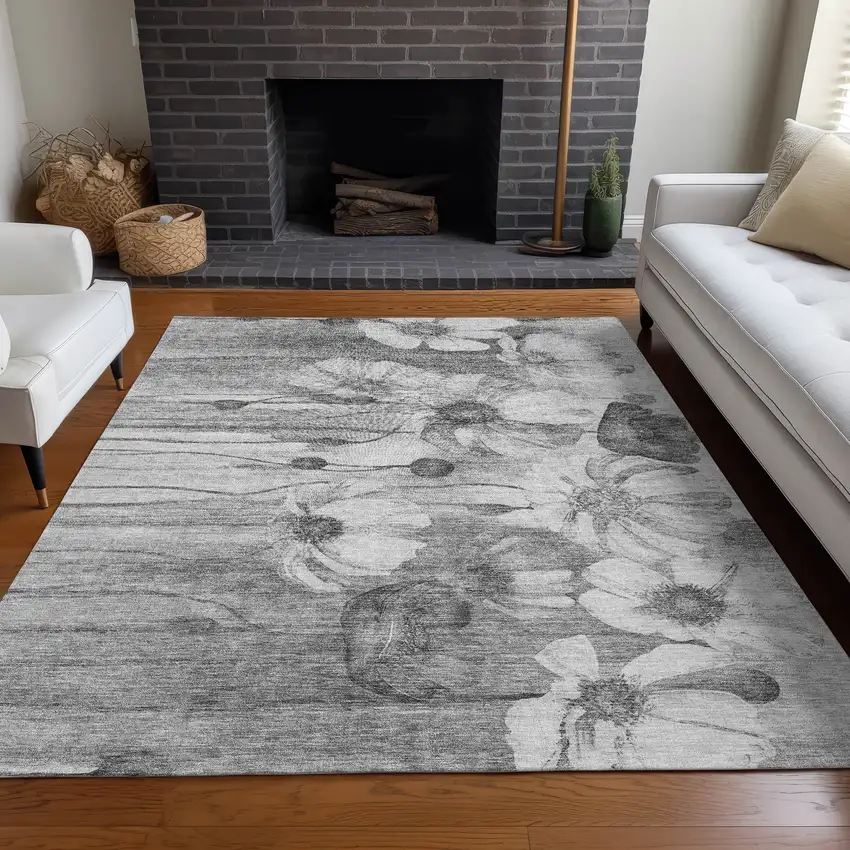 Gray Charcoal And Silver Floral Washable Indoor Outdoor Area Rug Photo 7