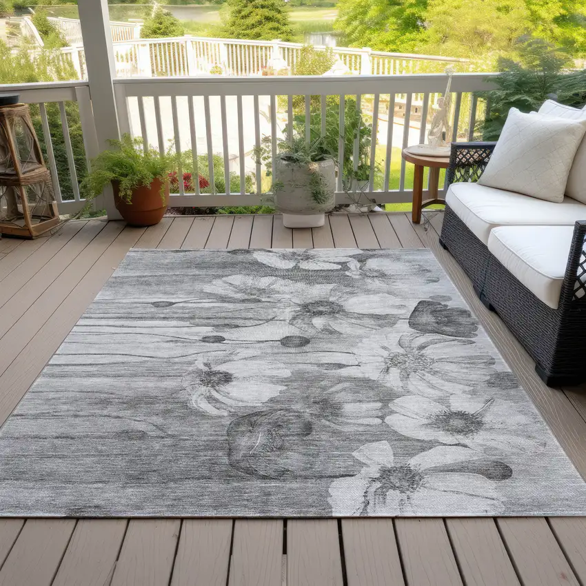 Gray Charcoal And Silver Floral Washable Indoor Outdoor Area Rug Photo 9