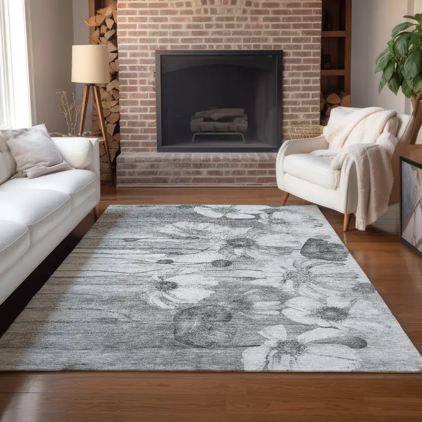 Gray Charcoal And Silver Floral Washable Indoor Outdoor Area Rug Photo 8